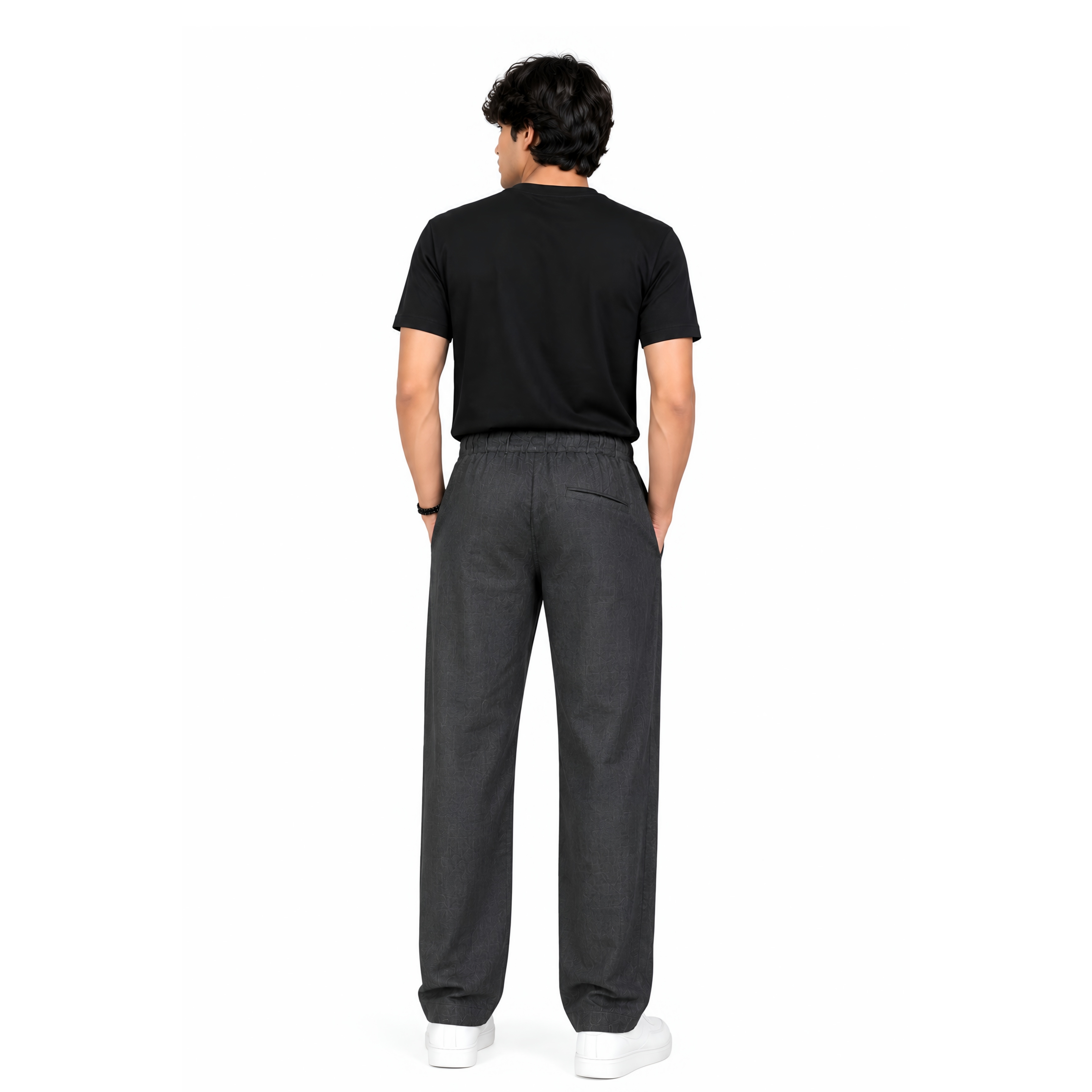 TLVASATRA Men's Dark Grey Linen Blend Straight Fit Bottom | Elastic Waist | Zip Side Pockets | 18 Inch Bottom | Casual & Daily Wear Lower