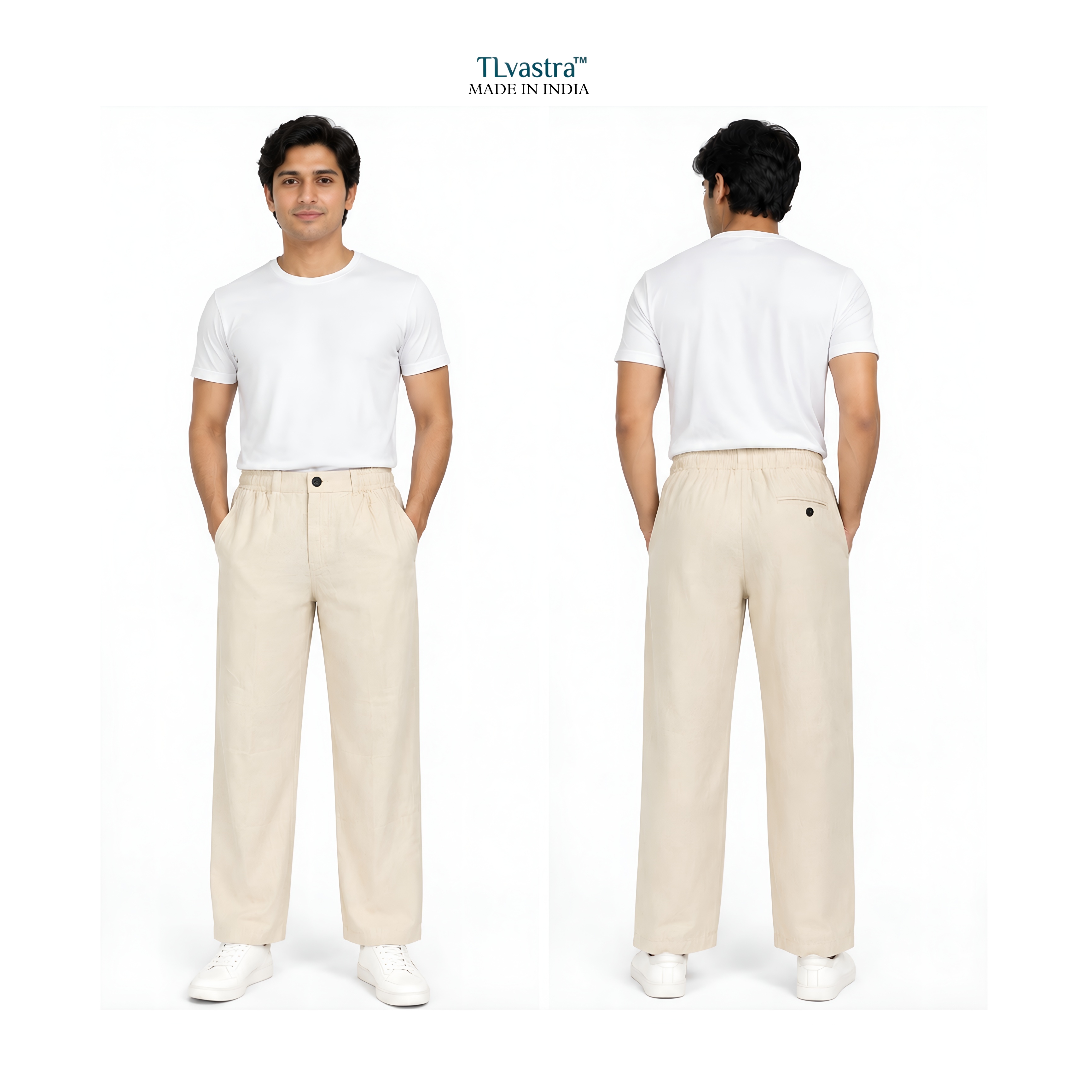TL vastra Men's Premium Linen Blend Relaxed Fit Trouser | Elastic Waist | Dual Zipper Pockets | 18 Inch Bottom | Beige