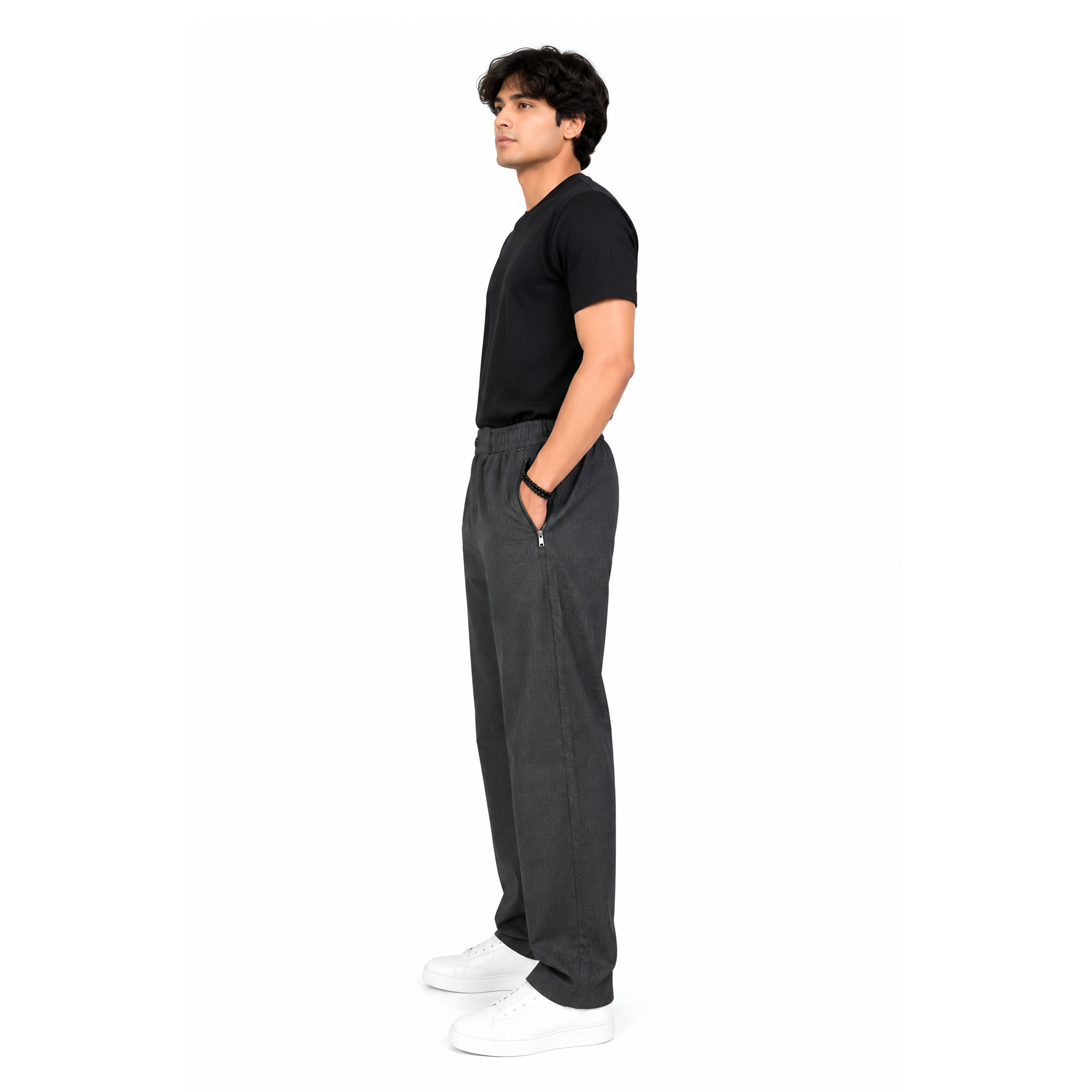 TLVASATRA Men's Dark Grey Linen Blend Straight Fit Bottom | Elastic Waist | Zip Side Pockets | 18 Inch Bottom | Casual & Daily Wear Lower