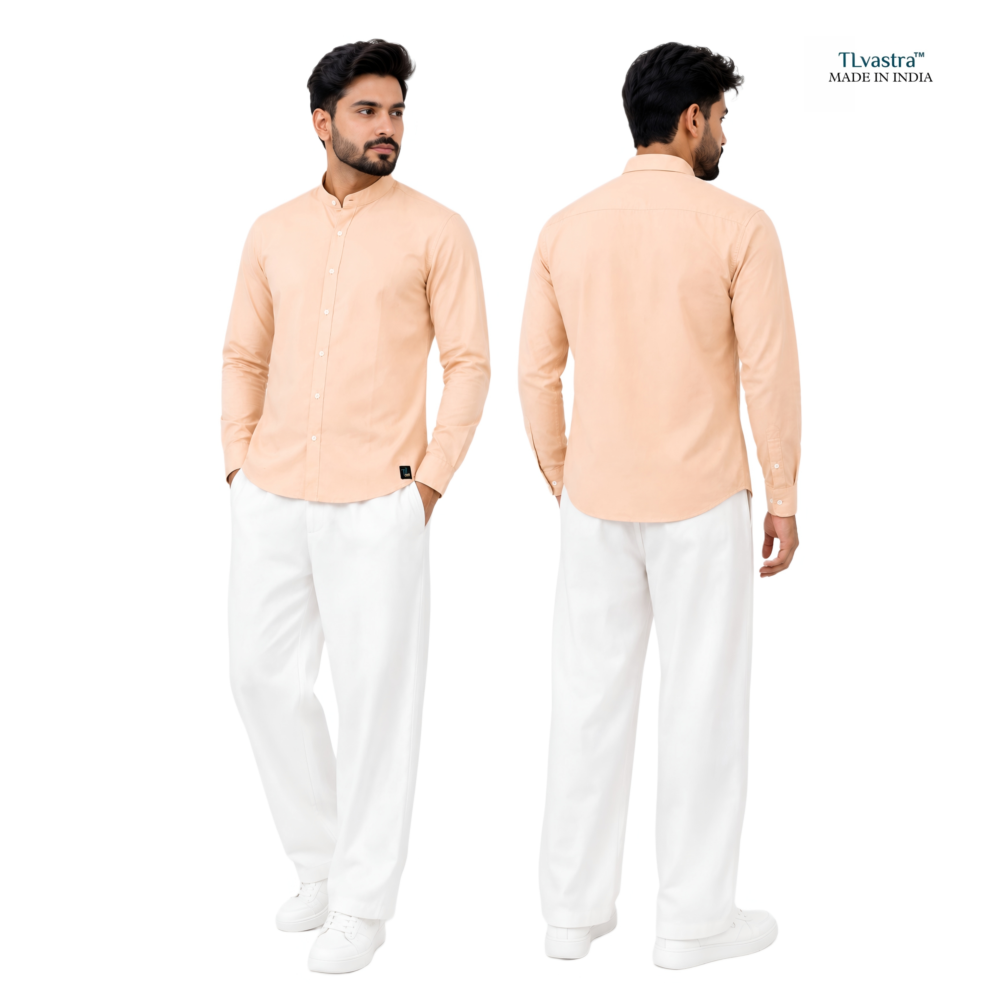 TLvastra Men's Peach Mandarin Collar Solid Cotton Blend Casual Shirt | Full Sleeve | Regular Fit