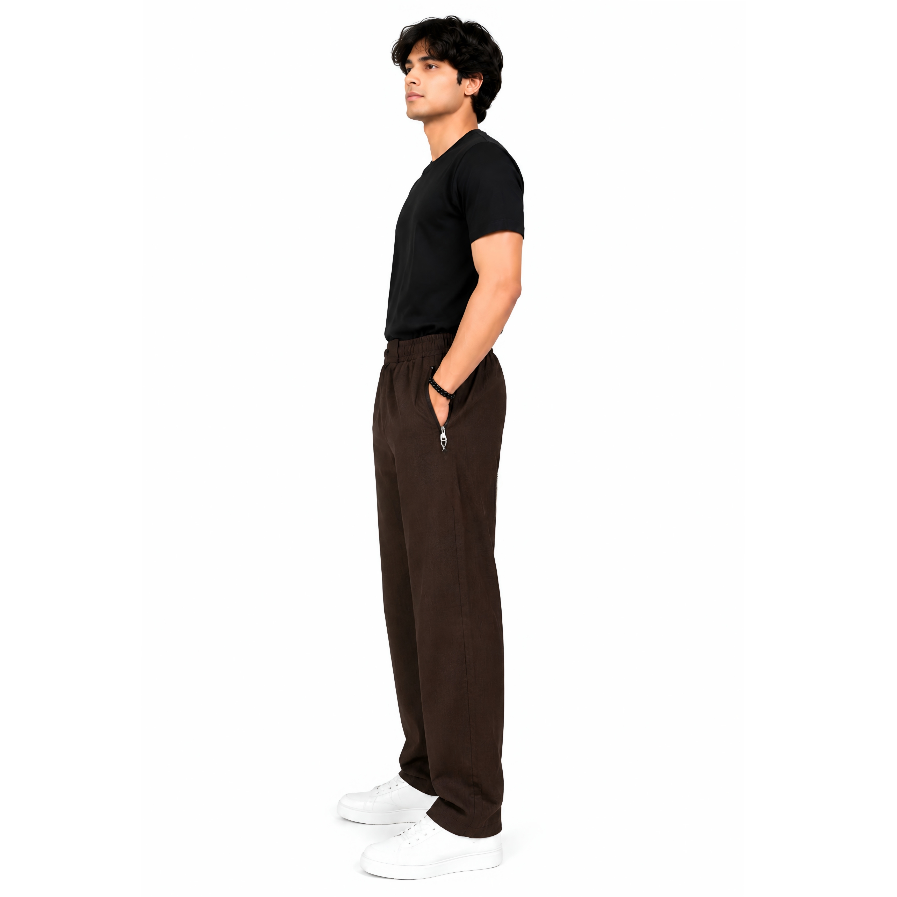 TLVASATRA Men's Dark Brown Linen Blend Straight Fit Bottom | Elastic Waist | Zip Side Pockets | 18 Inch Bottom | Casual & Daily Wear Lower