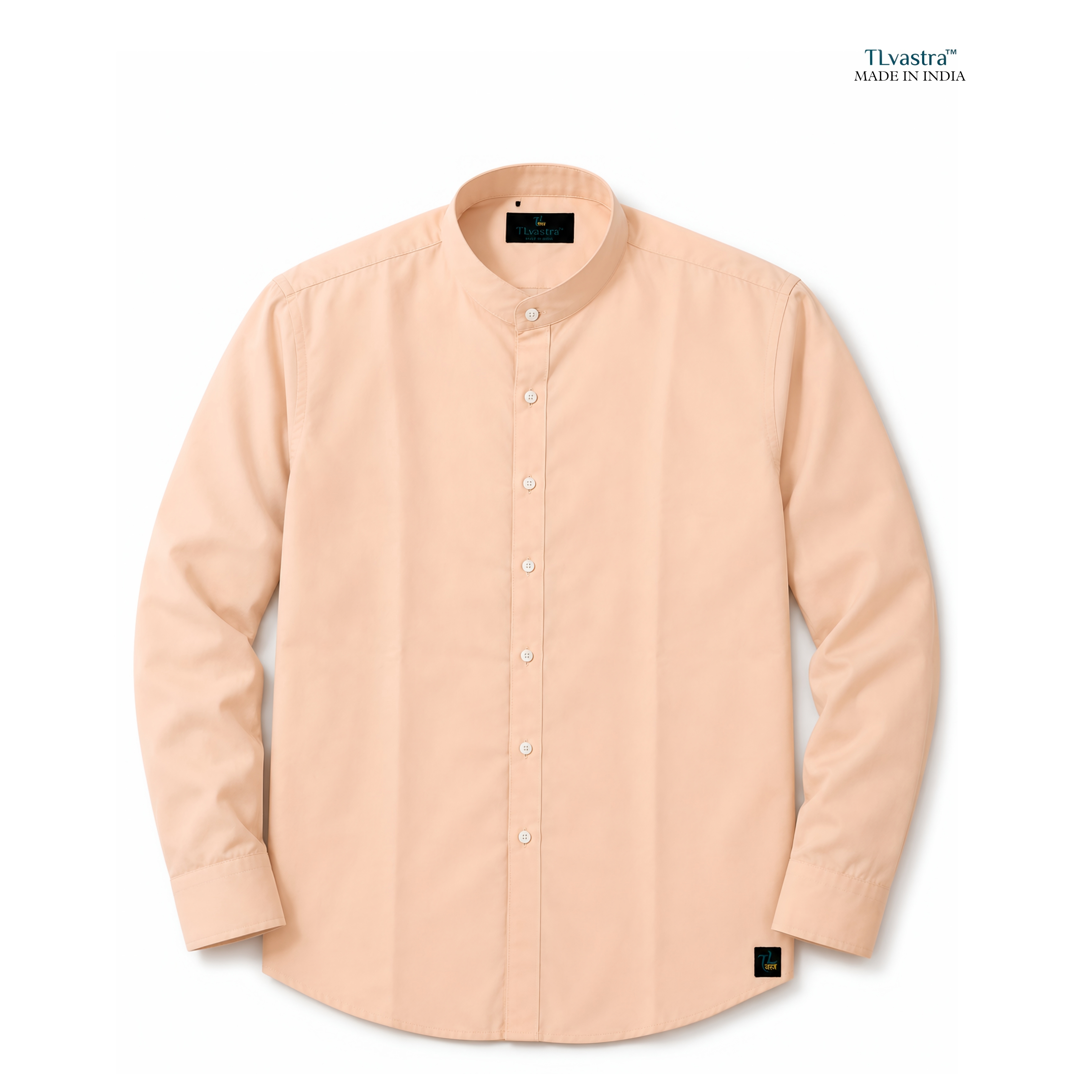 TLvastra Men's Peach Mandarin Collar Solid Cotton Blend Casual Shirt | Full Sleeve | Regular Fit
