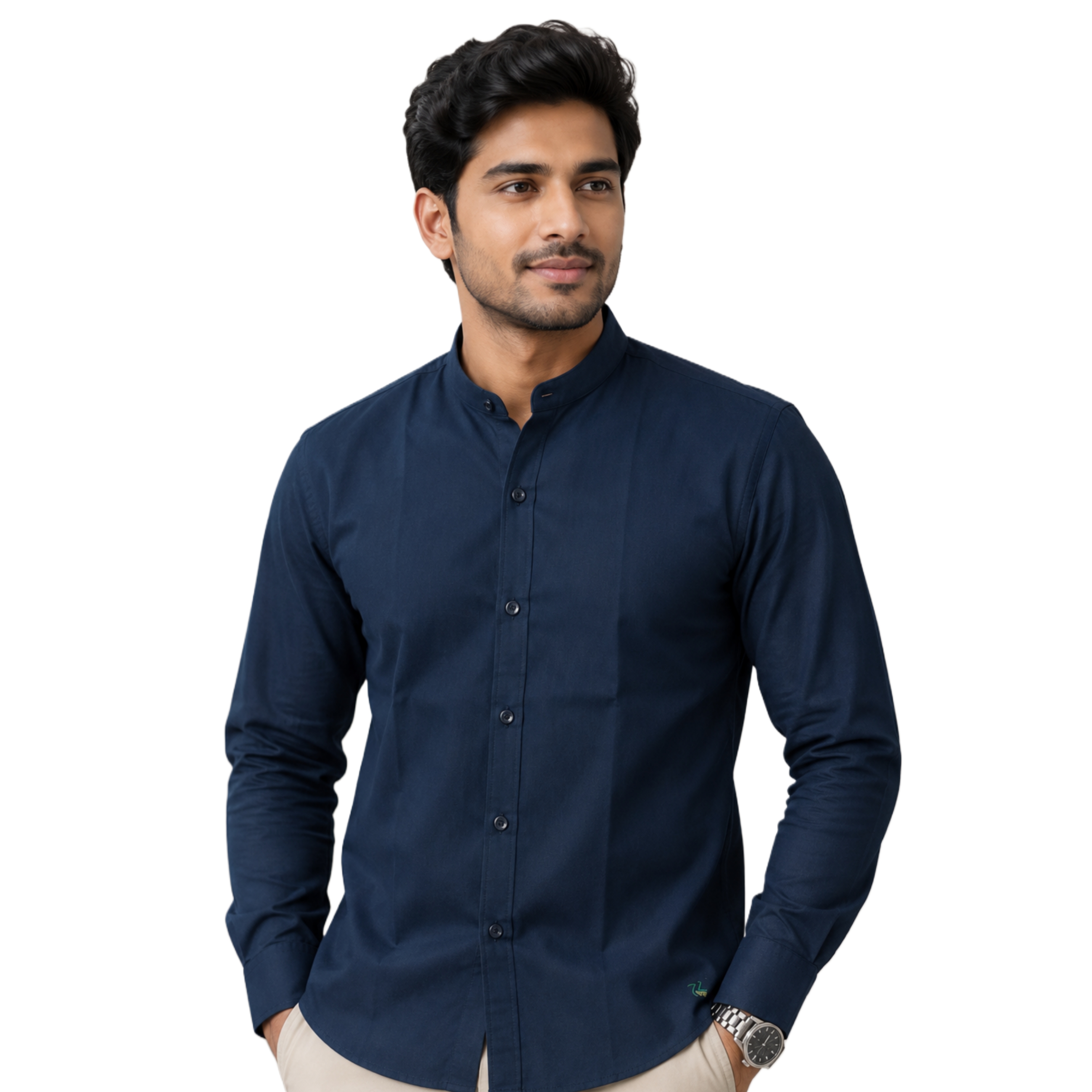 Men's Solid Navy Blue Mandarin Collar Casual Shirt | Slim Fit Long Sleeve Cotton Shirt