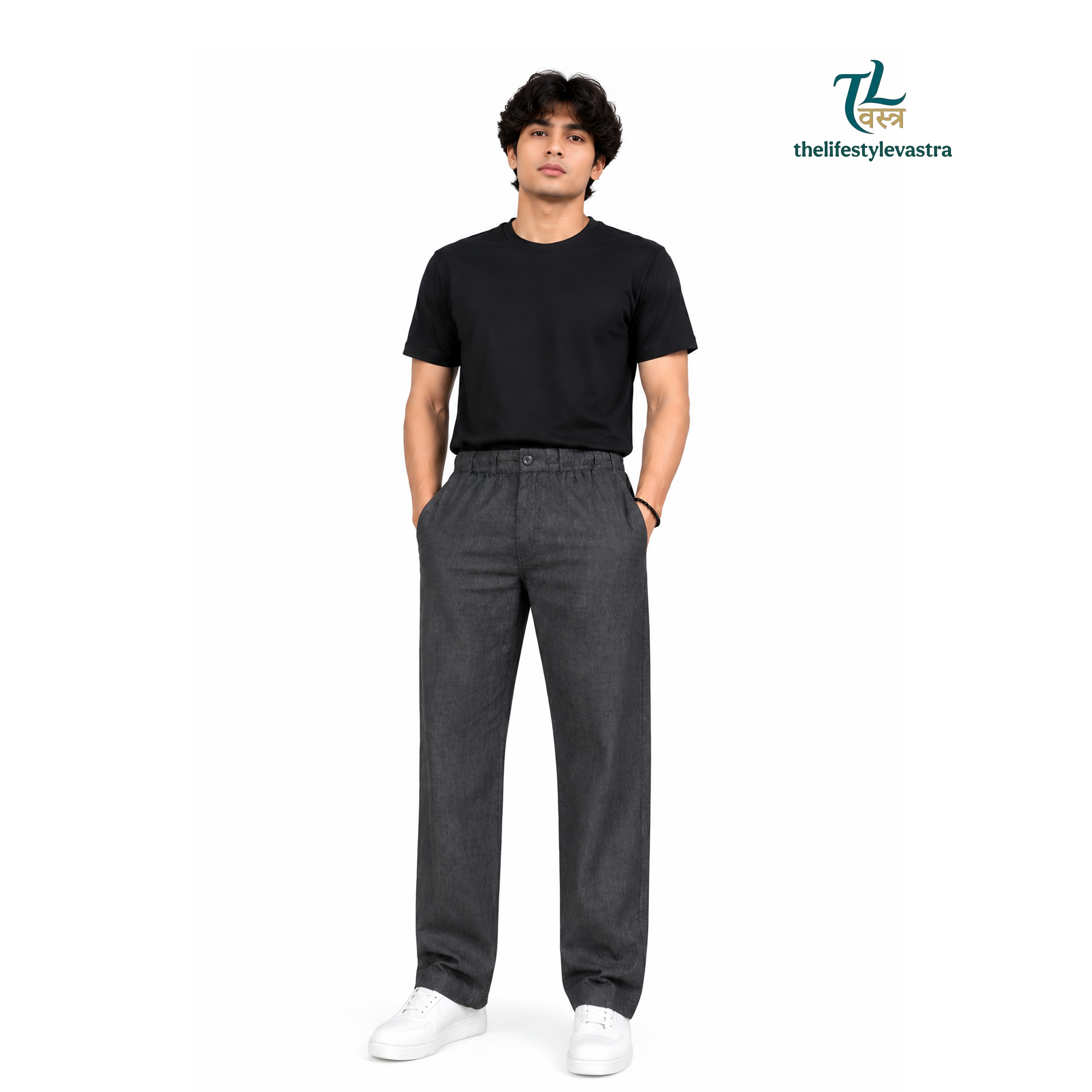 TLVASATRA Men's Dark Grey Linen Blend Straight Fit Bottom | Elastic Waist | Zip Side Pockets | 18 Inch Bottom | Casual & Daily Wear Lower