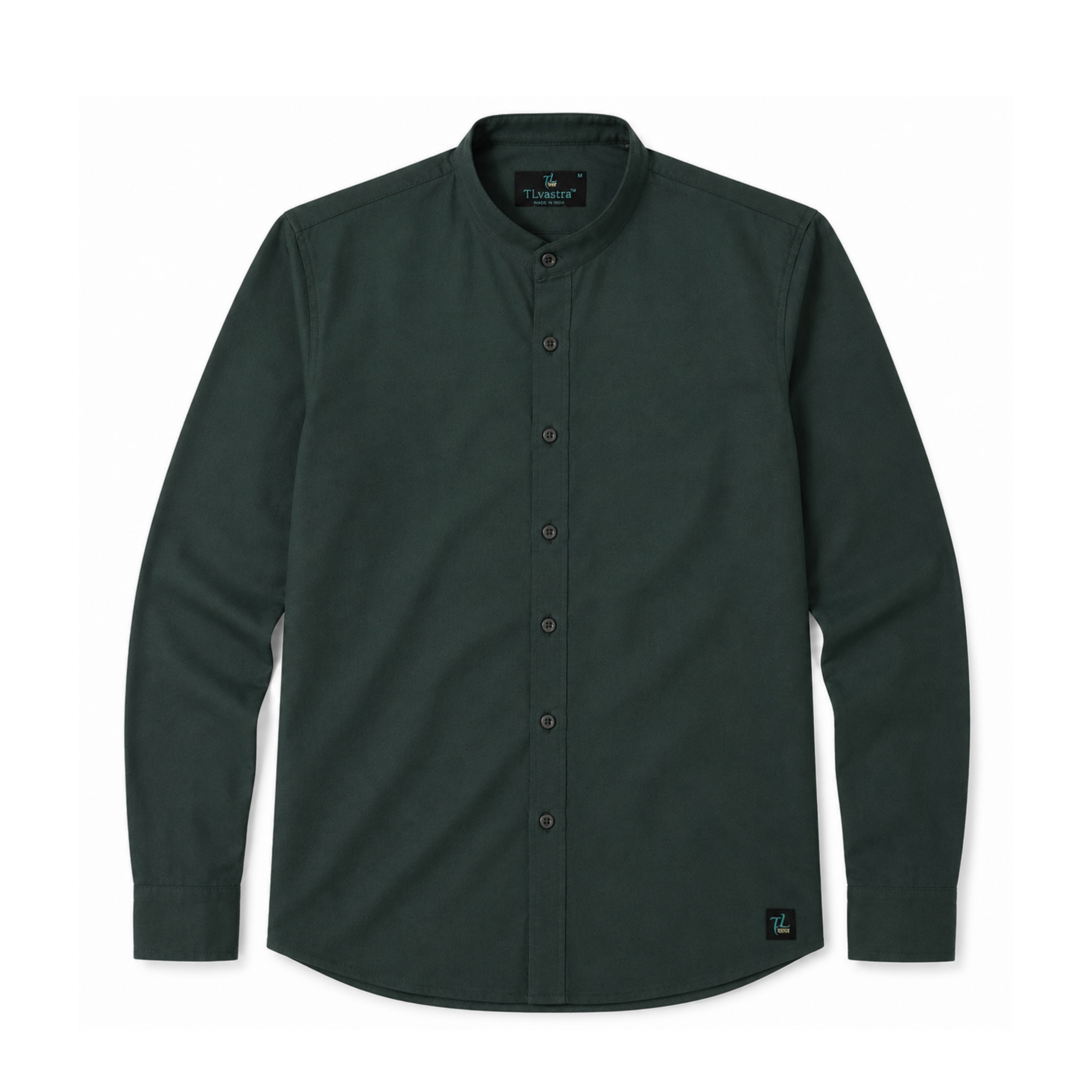 TLvastra Men's Bottle Green Solid Mandarin Collar Cotton Full Sleeve Casual Shirt