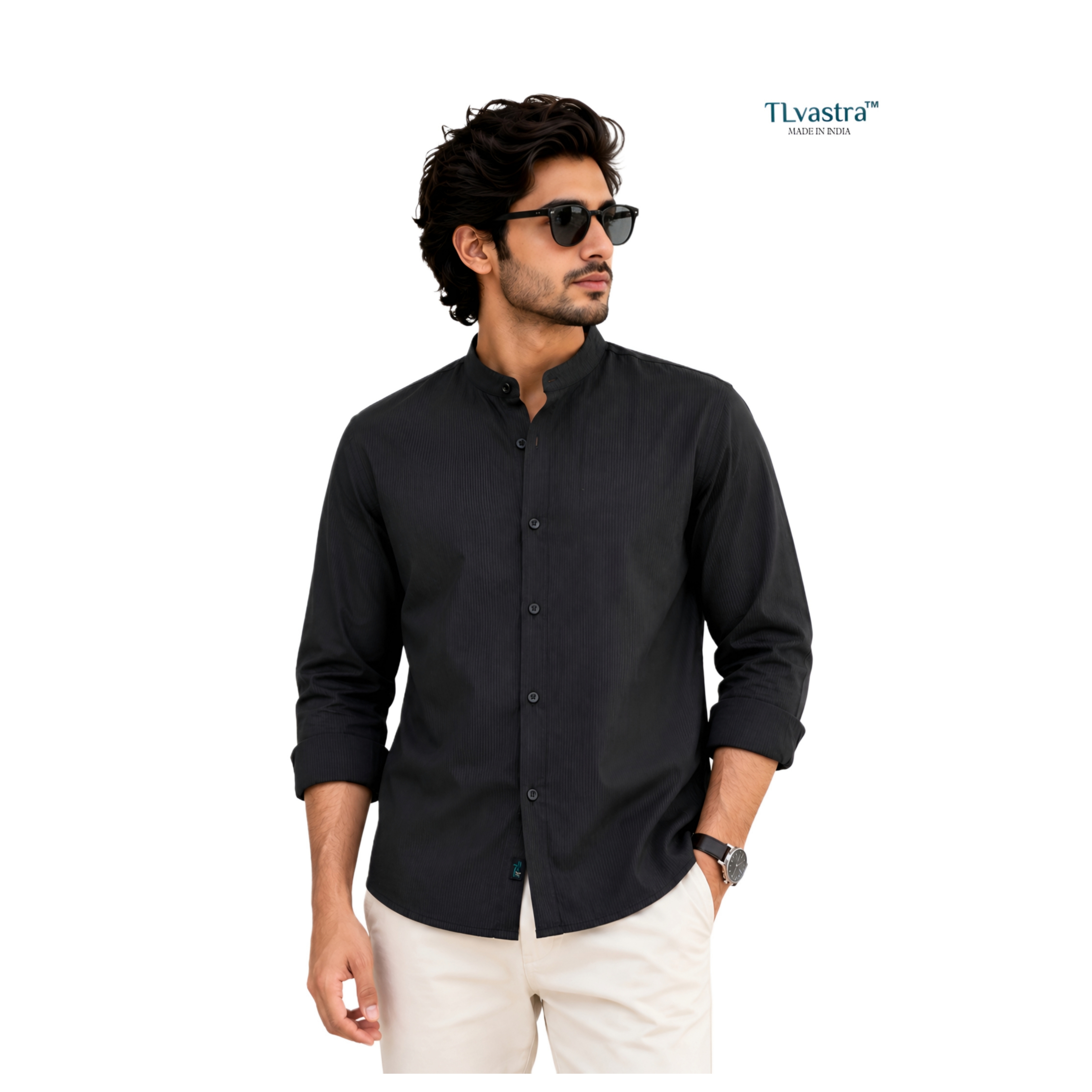 TLVASTRA DARK BROWN & BLACK LINING MANDARIN COLLAR SHIRT